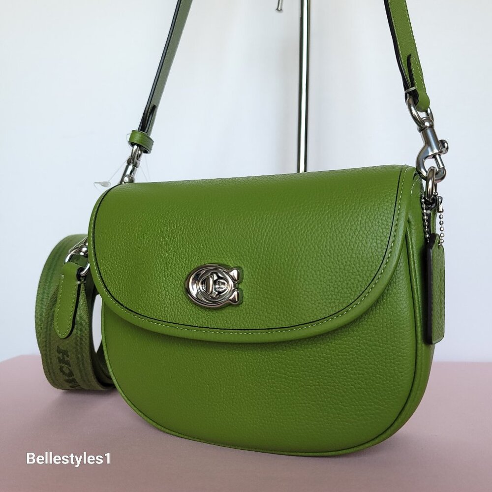 COACH Willow Saddle Pebbled Leather Saddle Crossbody Bag- Dark Lime color ⭐ - Picture 4 of 16